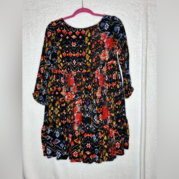 Free People Dress Mini Black Multicolor Floral V Neck Draped Swing Sz S - Picture 2 of 7